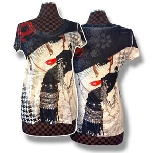 Vtg Y2K Cache AOP Graphic Tee Woman in Hat Size Medium Rhinestone Embellished